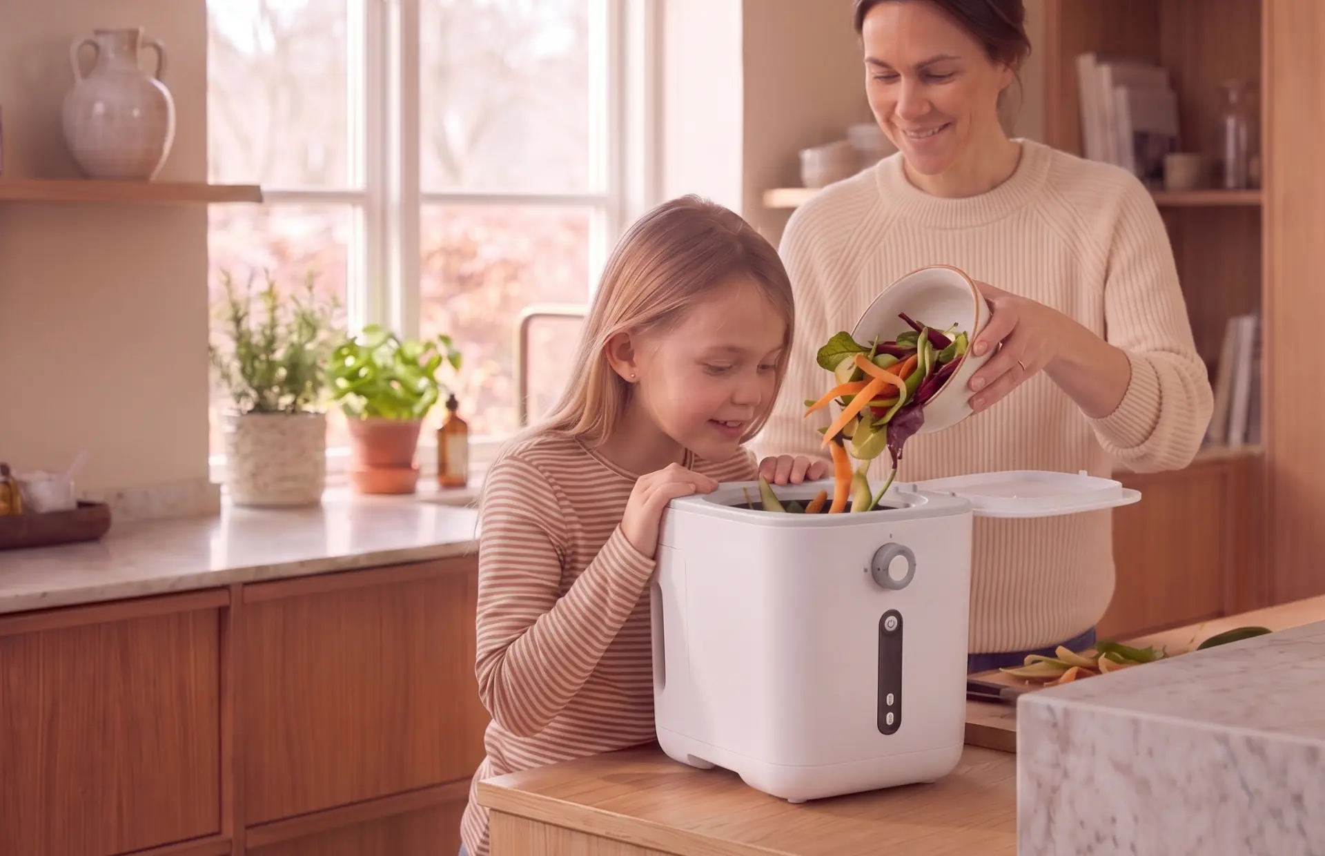 Moeder schept groenteresten uit een kom in de Compostsmart, dochter kijkt mee
